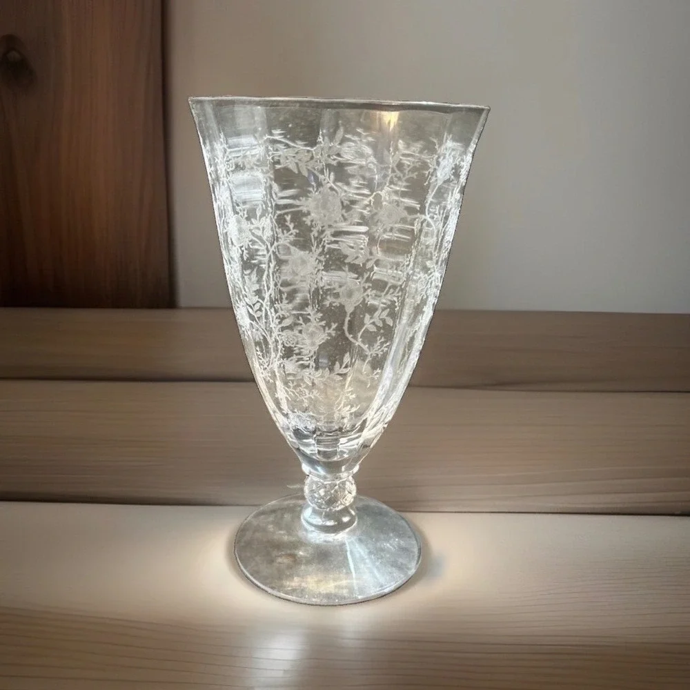 Fostoria Chintz Baroque Etched Floral Clear Glass Footed Water Goblet Stemware